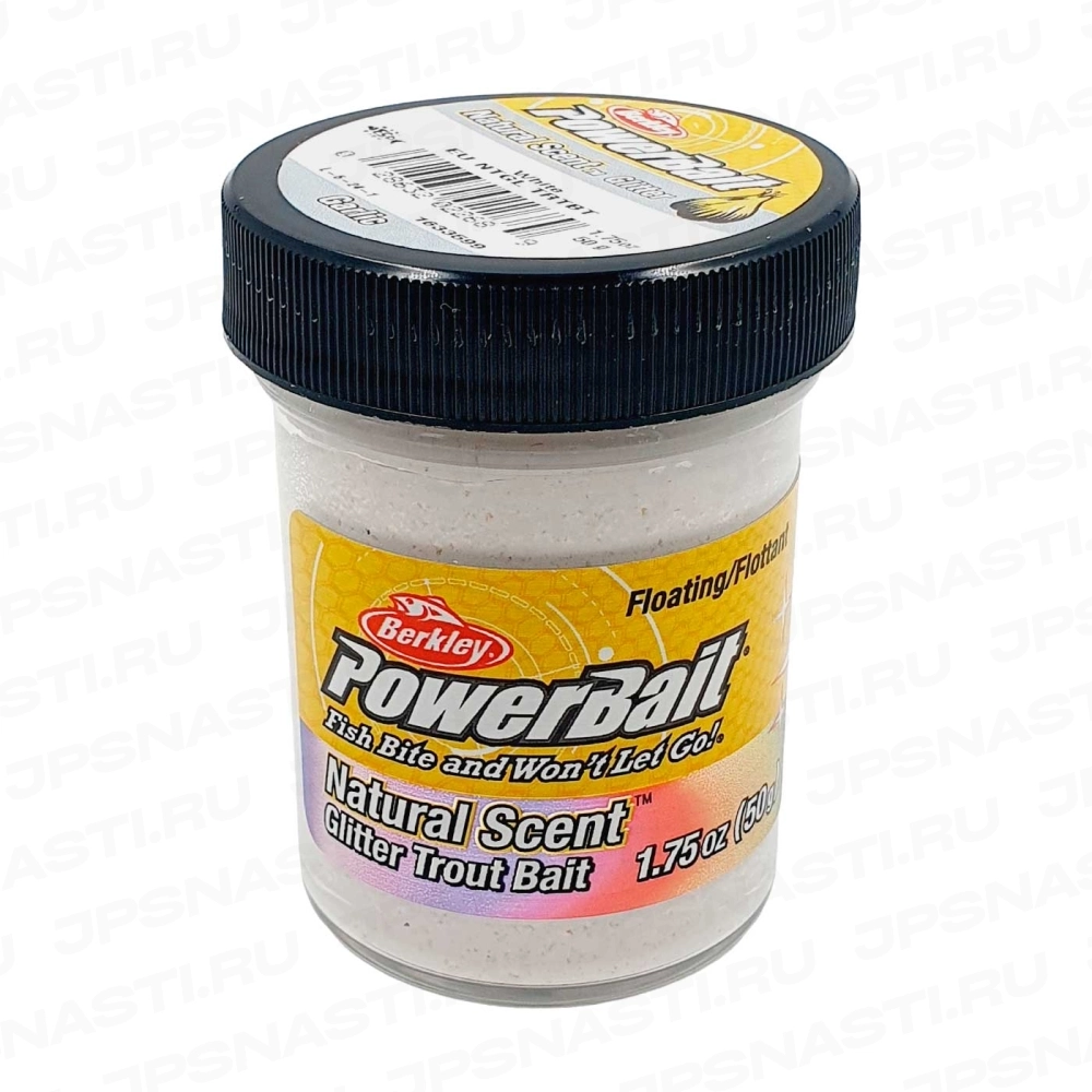 Паста форелевая Berkley PowerBait Natural Glitter Trout Bait (1633599), белая с блестками, чеснок