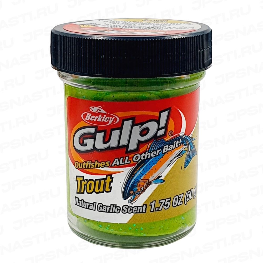 Паста форелевая Berkley Gulp! Dough Natural Scent, ярко-светло-зеленая с блестками, чеснок