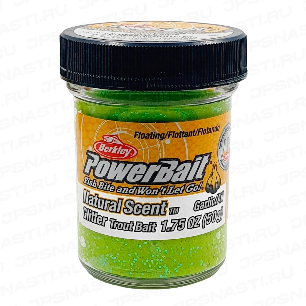 Паста форелевая Berkley PowerBait Natural Glitter Trout Bait, ярко-зеленая с блестками, чеснок