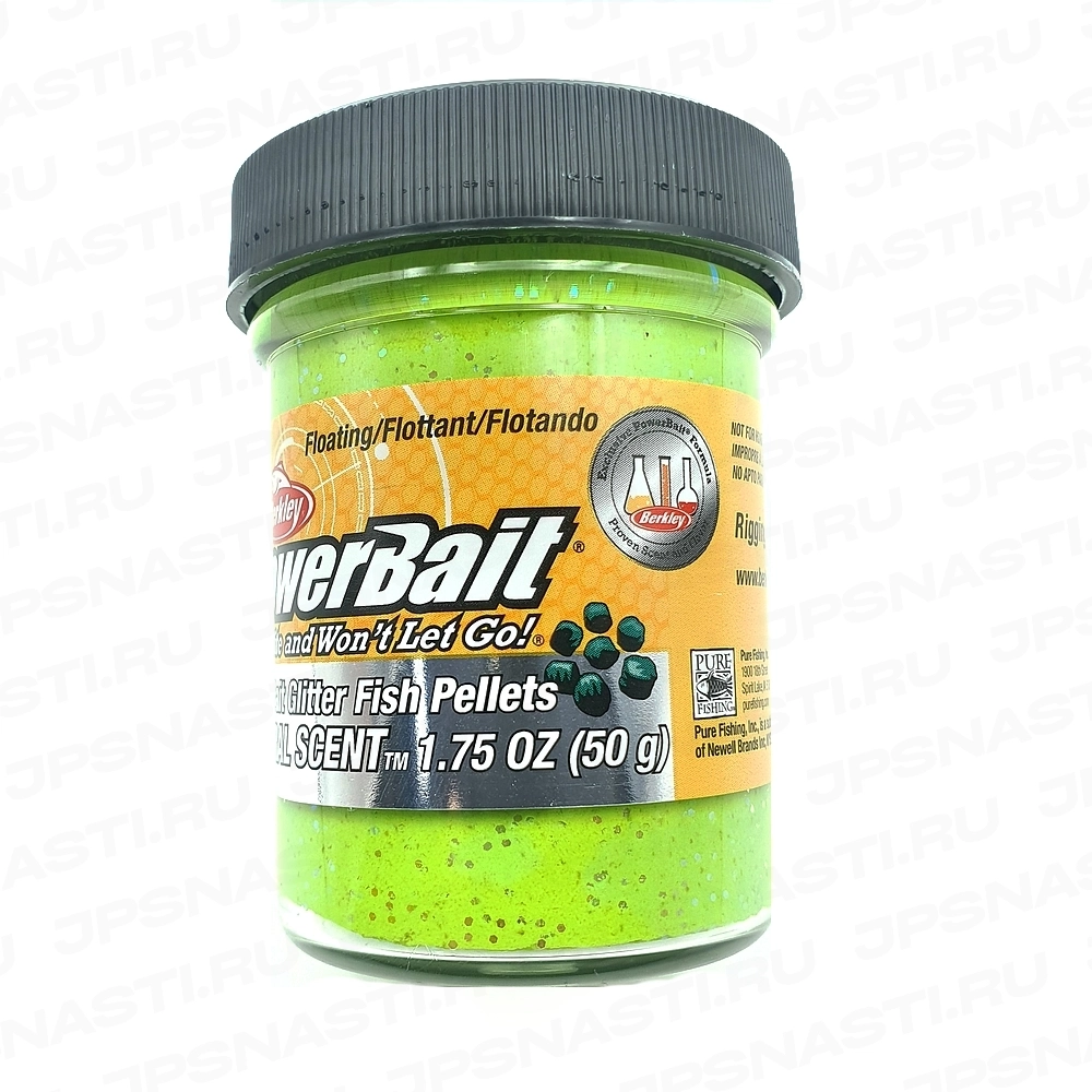 Паста форелевая Berkley PowerBait Natural Glitter Trout Bait, шартрез с блестками, пеллетс