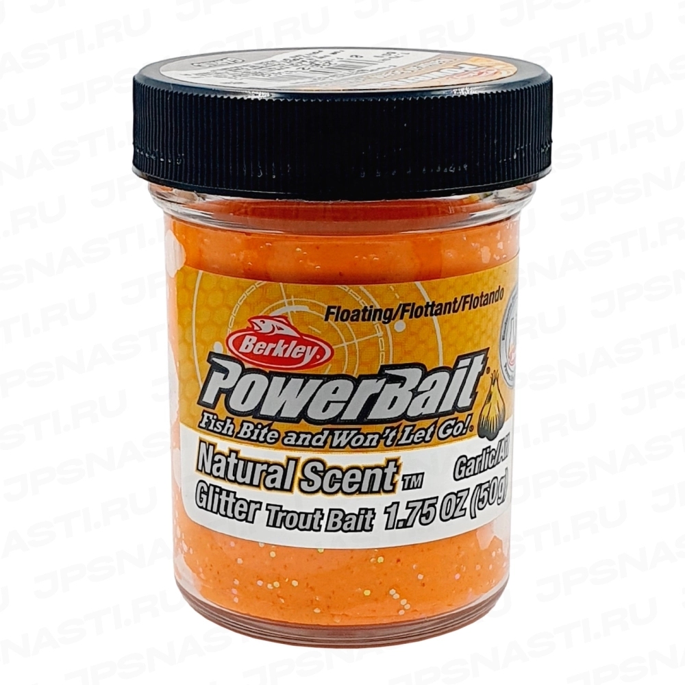 Паста форелевая Berkley PowerBait Natural Glitter Trout Bait, flr оранжевый с блестками, чеснок