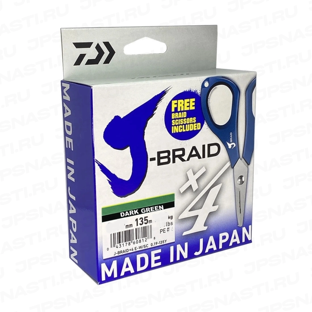 Плетеный шнур Daiwa J-Braid x4 E-W/SC, #0.4, 135 м, зелёный + ножницы