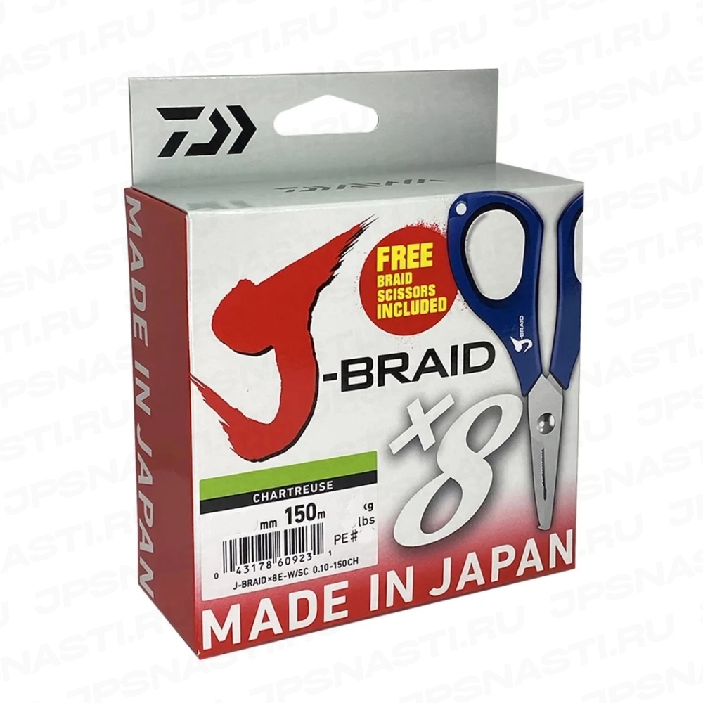 Плетеный шнур Daiwa J-Braid x8 E-W/SC, #0.6, 150 м, светло-желтый + ножницы