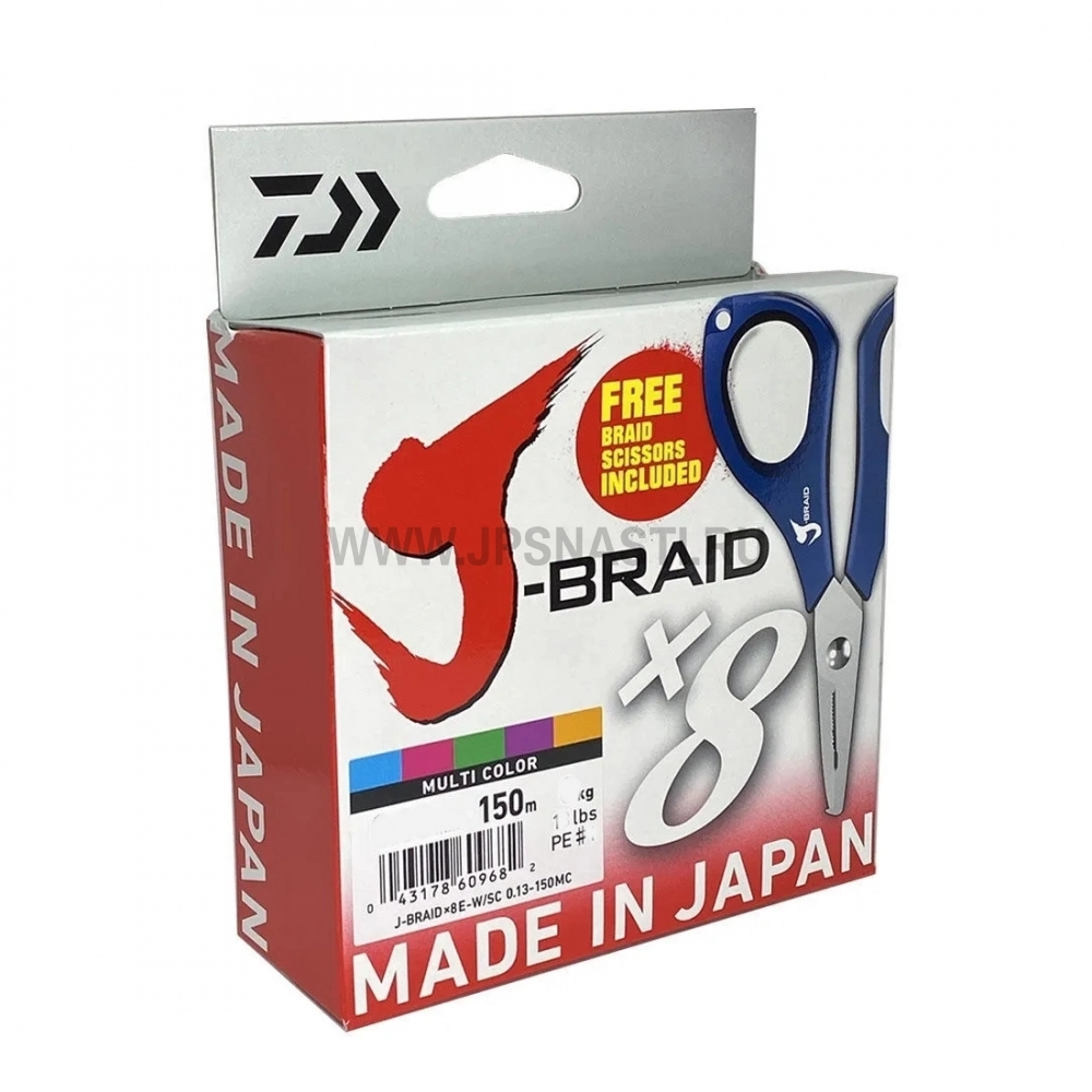 Плетеный шнур Daiwa J-Braid x8 E-W/SC, #0.6, 150 м, многоцветный + ножницы