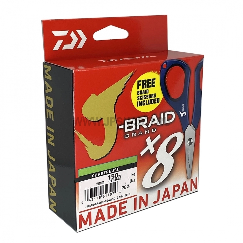 Плетеный шнур Daiwa J-Braid Grand x8 E-W/SC, #0.6, 135 м, шартрез + ножницы