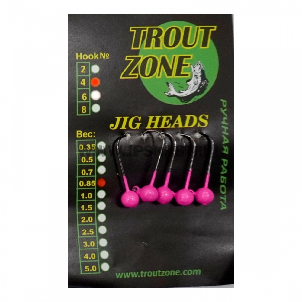 Джиг головки Trout Zone, 0.8 гр, крючок Kumho #4, розовый, 5 шт.