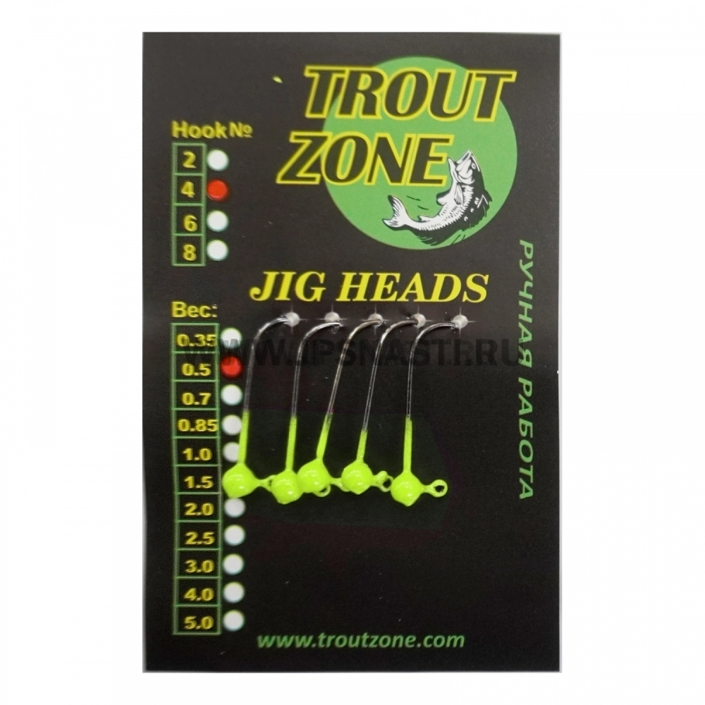 Джиг головки Trout Zone, 0.5 гр, крючок Kumho #4, шартрез, 5 шт.