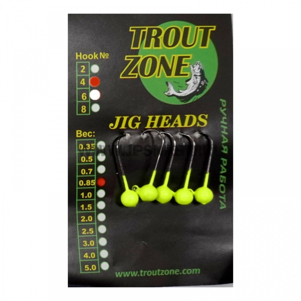 Джиг головки Trout Zone, 0.8 гр, крючок Kumho #4, шартрез, 5 шт.