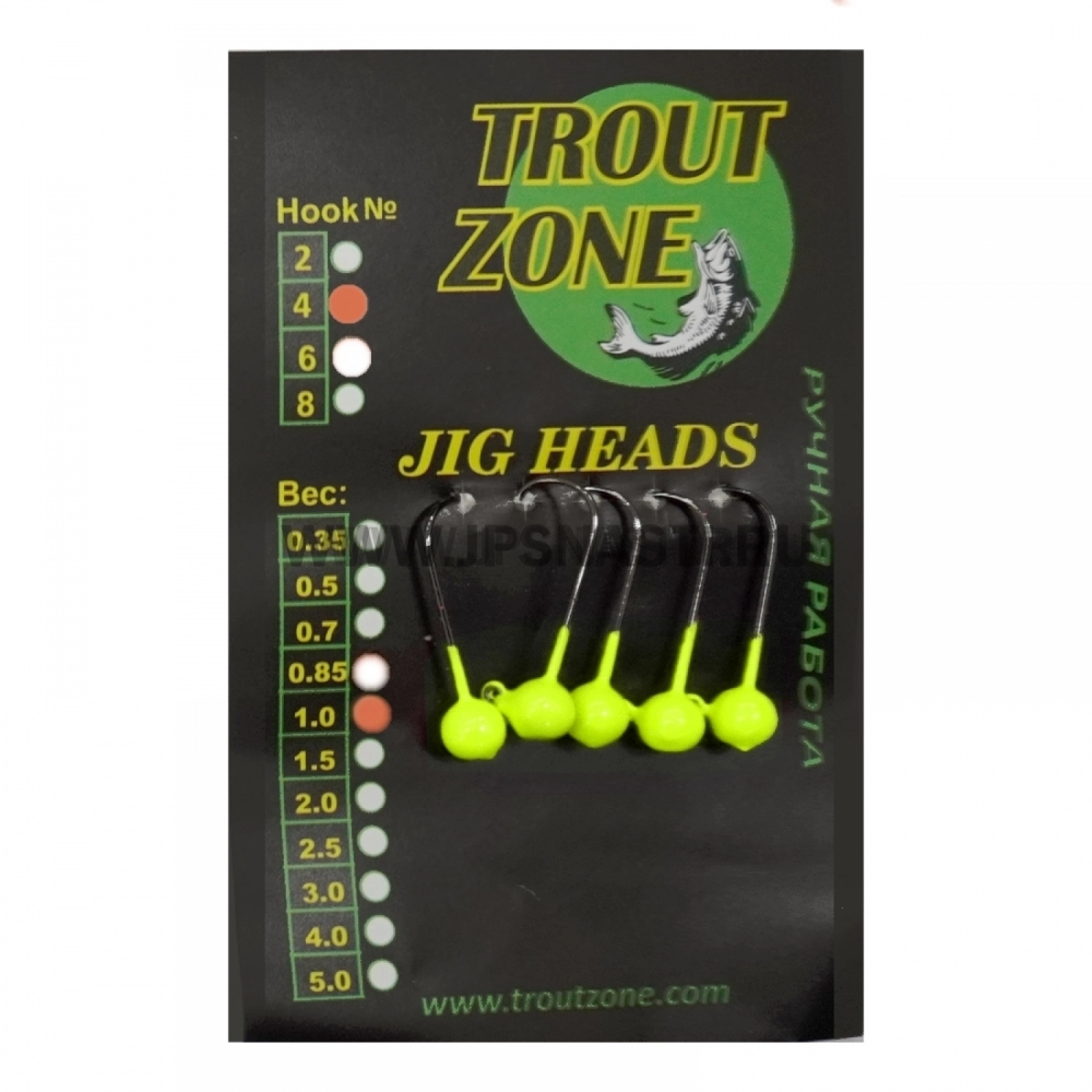 Джиг головки Trout Zone, 1 гр, крючок Kumho #4, шартрез, 5 шт.